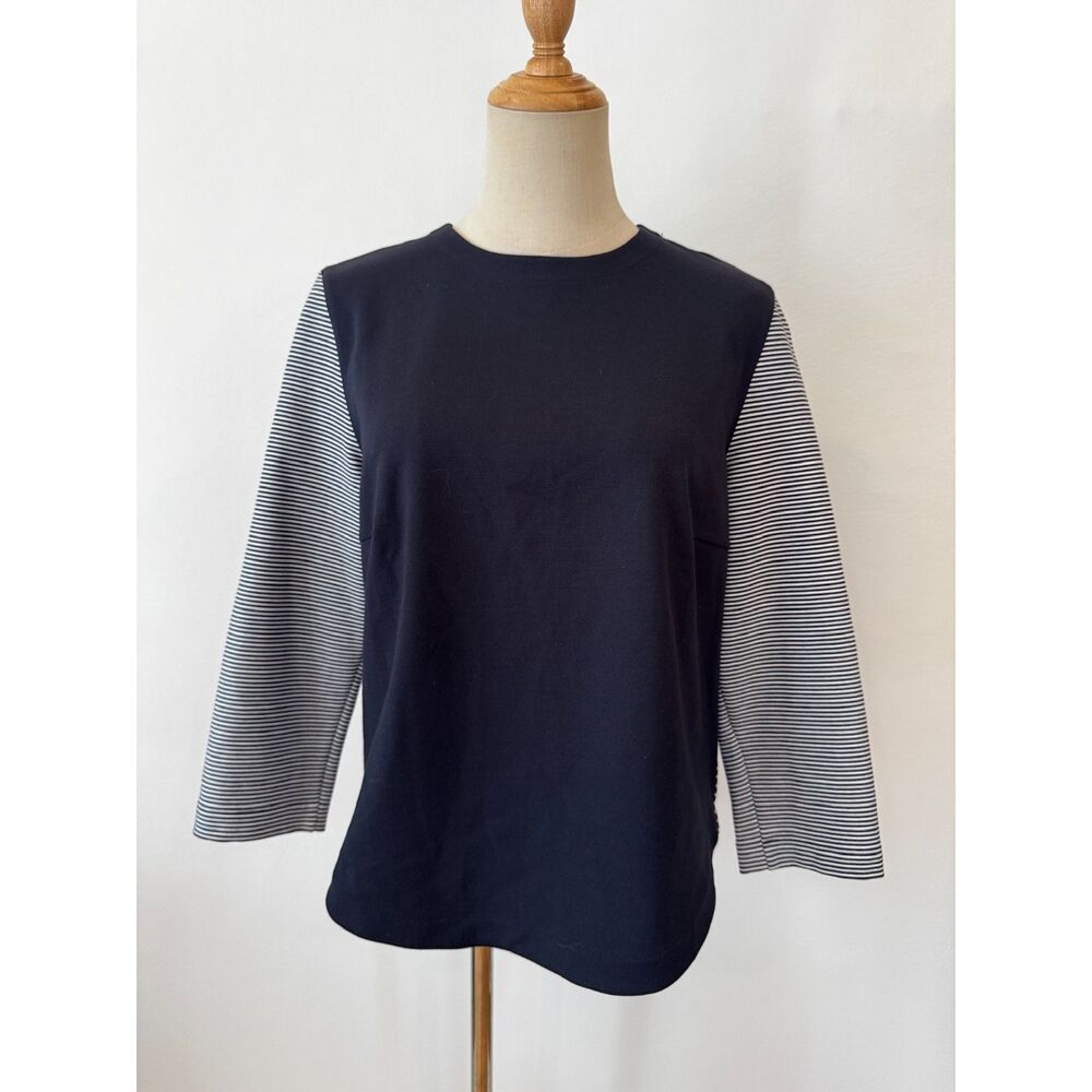 Akris Punto Top US 10 Navy Striped 3/4 Sleeve Riri Back Zip Cotton Stretch